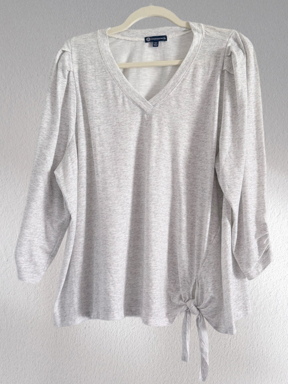 Democracy Heather Gray V-Neck Long Sleeve Top with Side Tie 1X